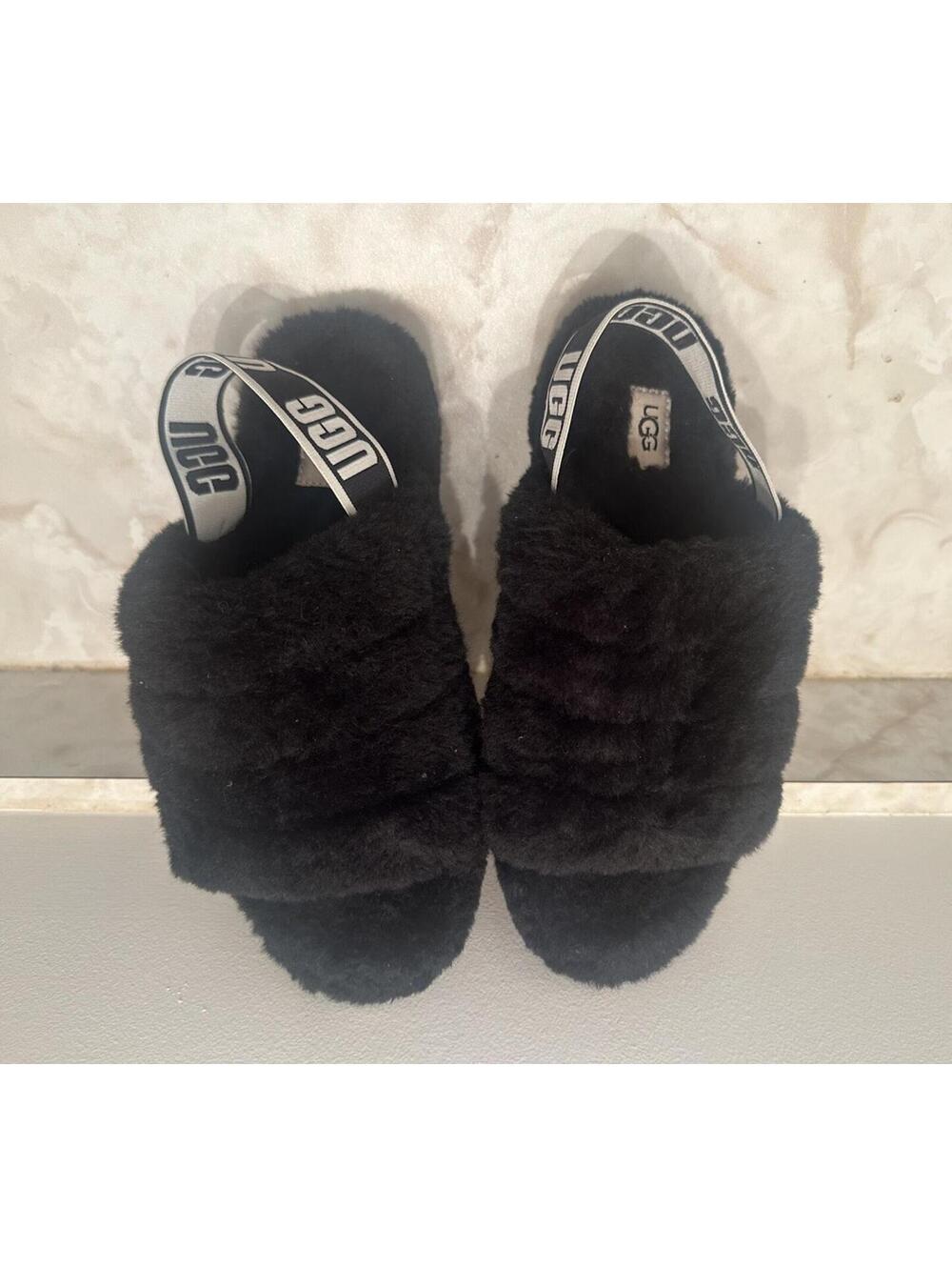 UGG Australia Fluff Yeah Black Slide Slippers Women’s Size 9 Excellent Condition